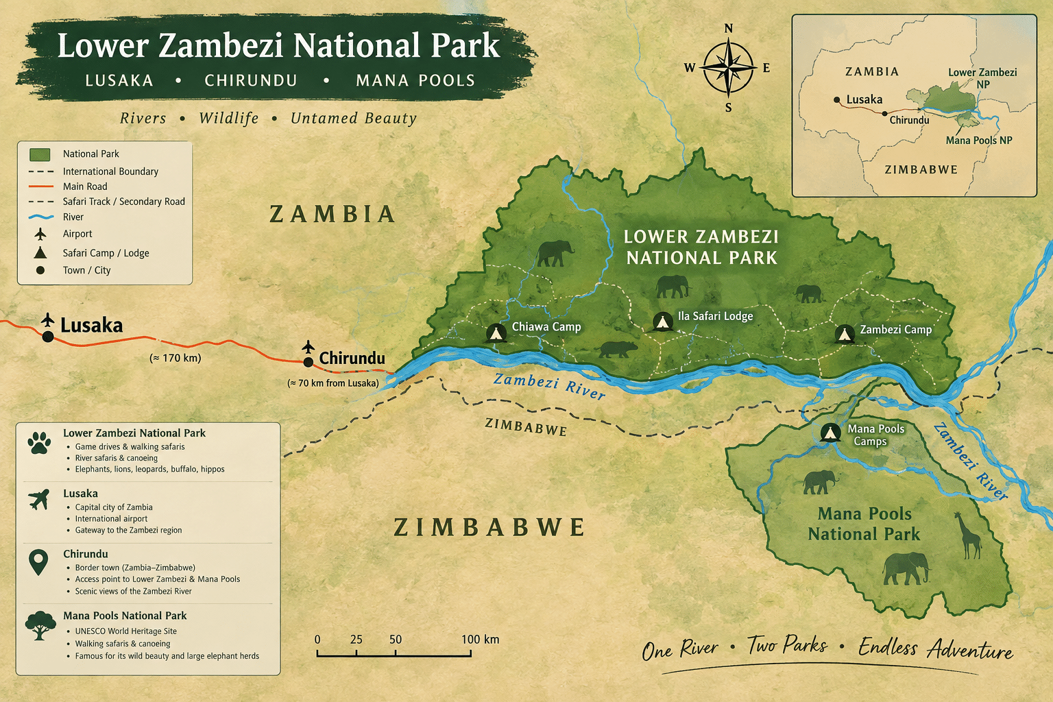 Lower Zambezi Safari: The Complete Guide to Wildlife, Canoe Safaris and River Adventures in Zambia Map of Lower Zambezi National Park, Lusaka, Chirundu and Mana Pools