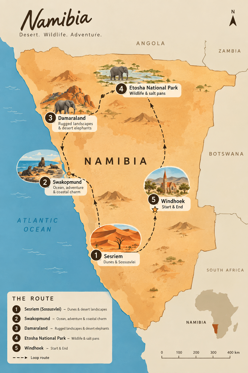 Map of the 12-day Namibia safari itinerary loop from Windhoek through Sossusvlei, Swakopmund,
Damaraland and Etosha
