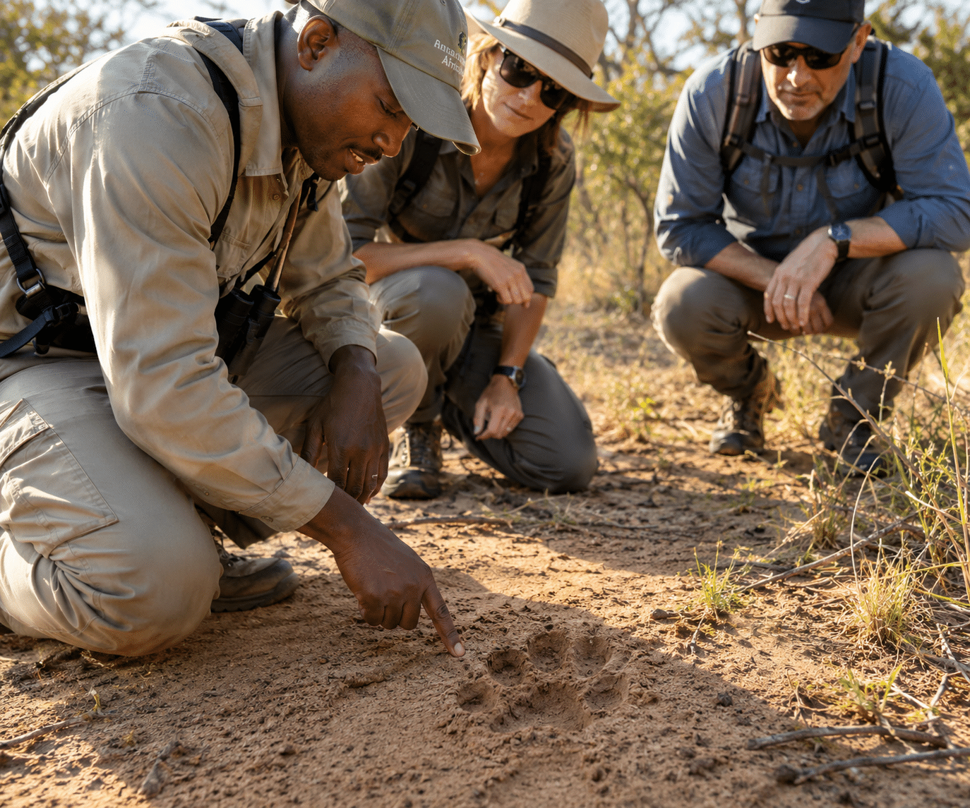 Zambia Walking Safari: A Complete Guide to Exploring the African Bush on Foot Safari guide pointing out an animal track during a Zambia walking safari