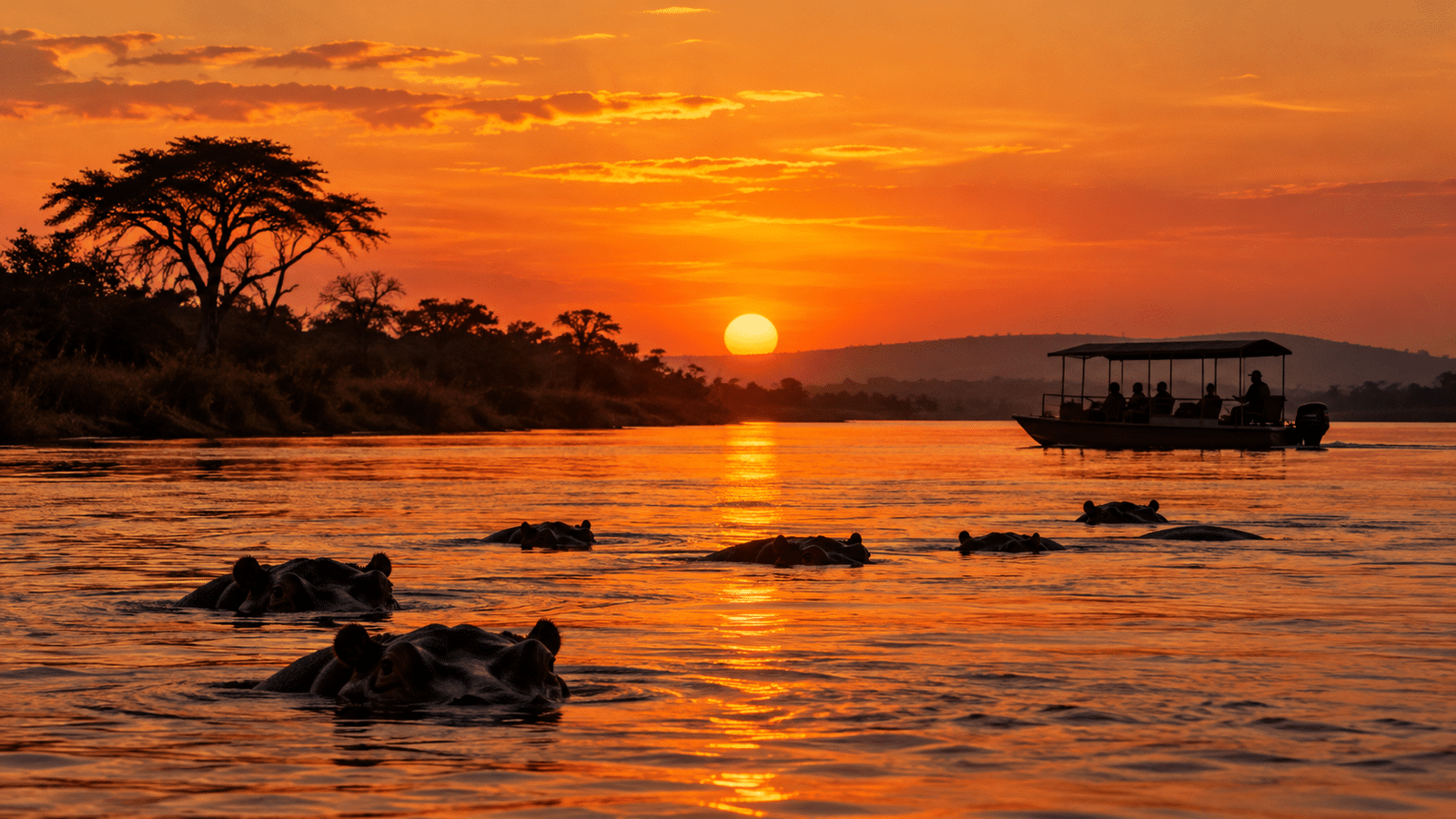 Lower Zambezi Safari: The Complete Guide to Wildlife, Canoe Safaris and River Adventures in Zambia Sunset over the Zambezi River at the end of a Lower Zambezi safari.