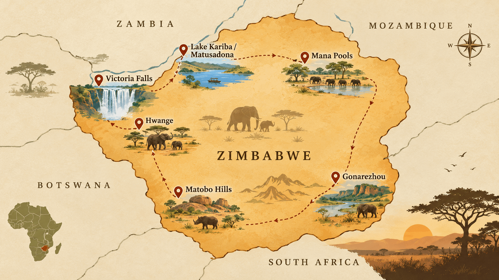 Zimbabwe Walking Safari: The Complete Guide to Exploring the African Bush on Foot Map of Zimbabwe showing top walking safari destinations