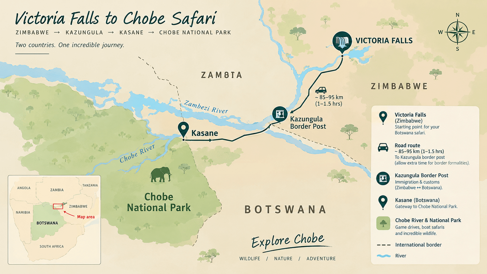 Botswana Safari from Victoria Falls: Complete Travel Guide Route map from Victoria Falls to Chobe National Park via Kazungula